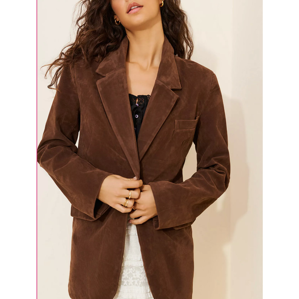 Free People We The Free Brown Bear Paper Cut Vegan Faux Suede Blazer Jacket Sz M View 3